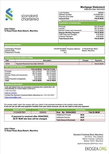Modèle Word et PDF de relevé hypothécaire de la Mauritius Standard Chartered Bank (Mauritius)